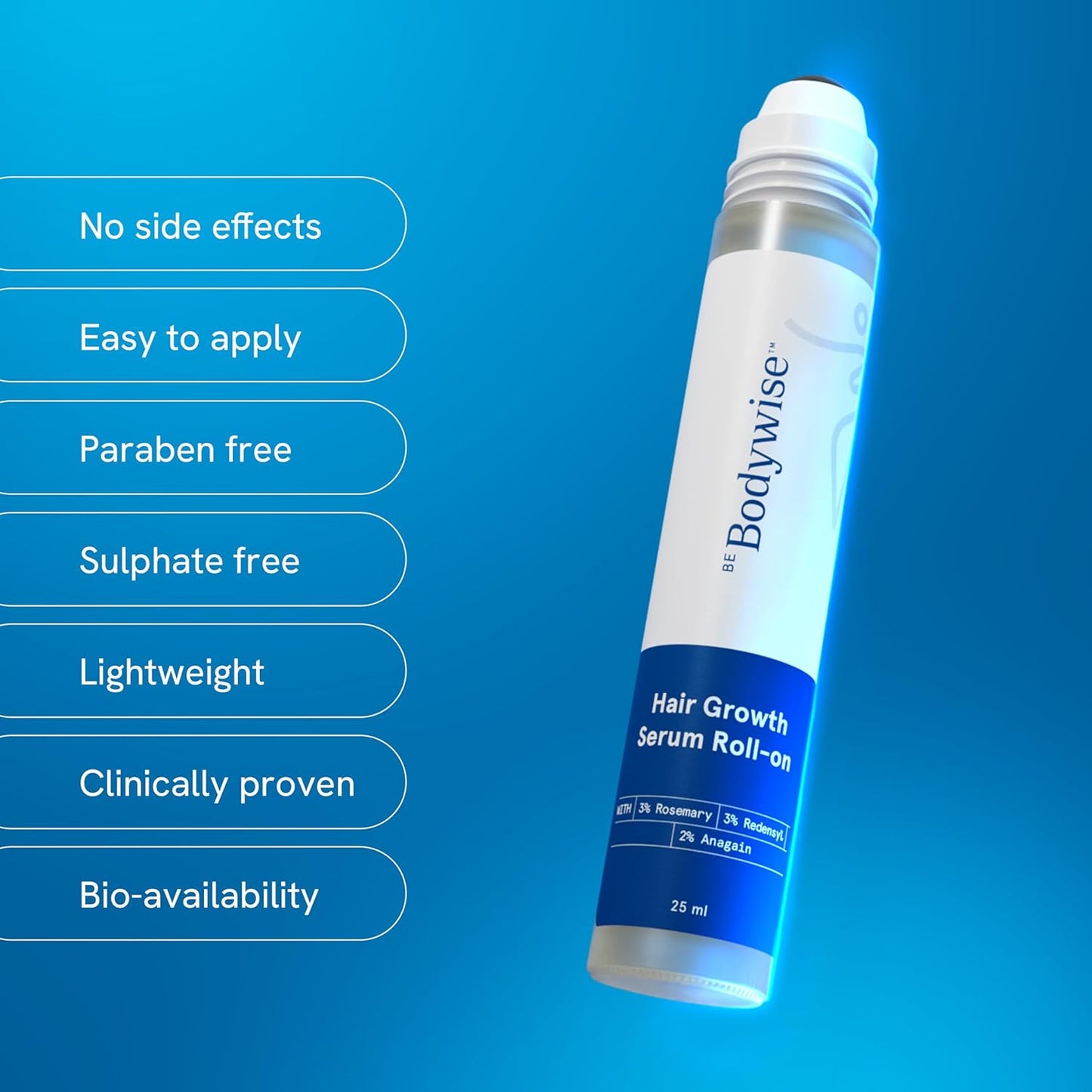 Be Bodywise Advanced Hair Growth Roll-On Serum | 3% Rosemary | 2% Aminexil | 3% Redensy l 2% Anagain | Precision Scalp Applicator | Paraben & Sulphate Free | Non oily and mess free