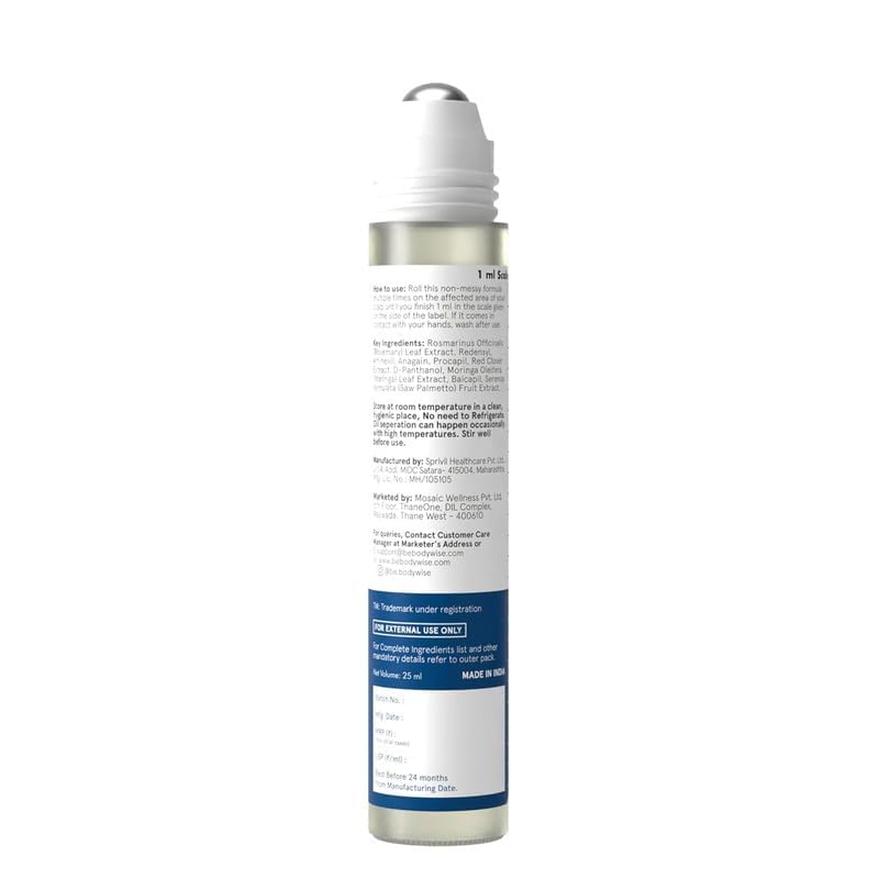 Be Bodywise Advanced Hair Growth Roll-On Serum | 3% Rosemary | 2% Aminexil | 3% Redensy l 2% Anagain | Precision Scalp Applicator | Paraben & Sulphate Free | Non oily and mess free